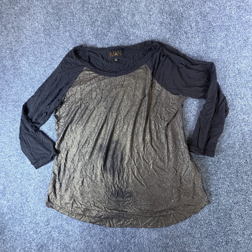 Iman Top Womens XL Gold Black Shimmer Stretch Off The Shoulder Raglan Sleeve